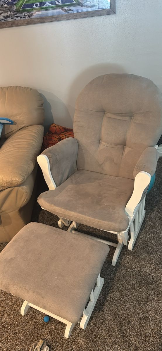 White Wood Glider Rocking Chair with Gray Cushions and Matching Ottoman
