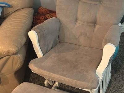 White Wood Glider Rocking Chair with Gray Cushions and Matching Ottoman