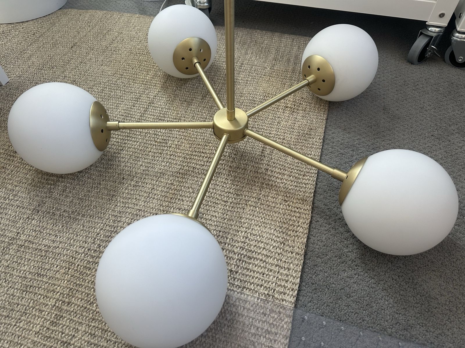 Poly and Bark Brass Sputnik Chandelier with 5 White Frosted Globe Lights - Mid-Century Modern
