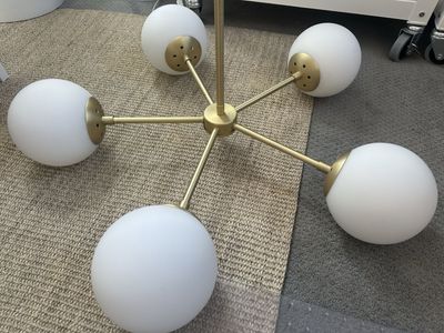Poly and Bark Brass Sputnik Chandelier with 5 White Frosted Globe Lights - Mid-Century Modern