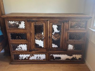 Handcrafted Texas Long Dresser | Solid Wood | Genuine Cowhide | Luxury-Premium Quality
