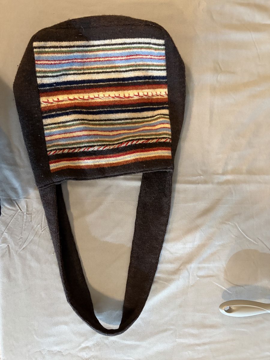 Handmade Brown Knitted Wool Shoulder Bag with Multicolor Striped Accent