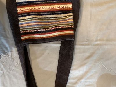 Handmade Brown Knitted Wool Shoulder Bag with Multicolor Striped Accent
