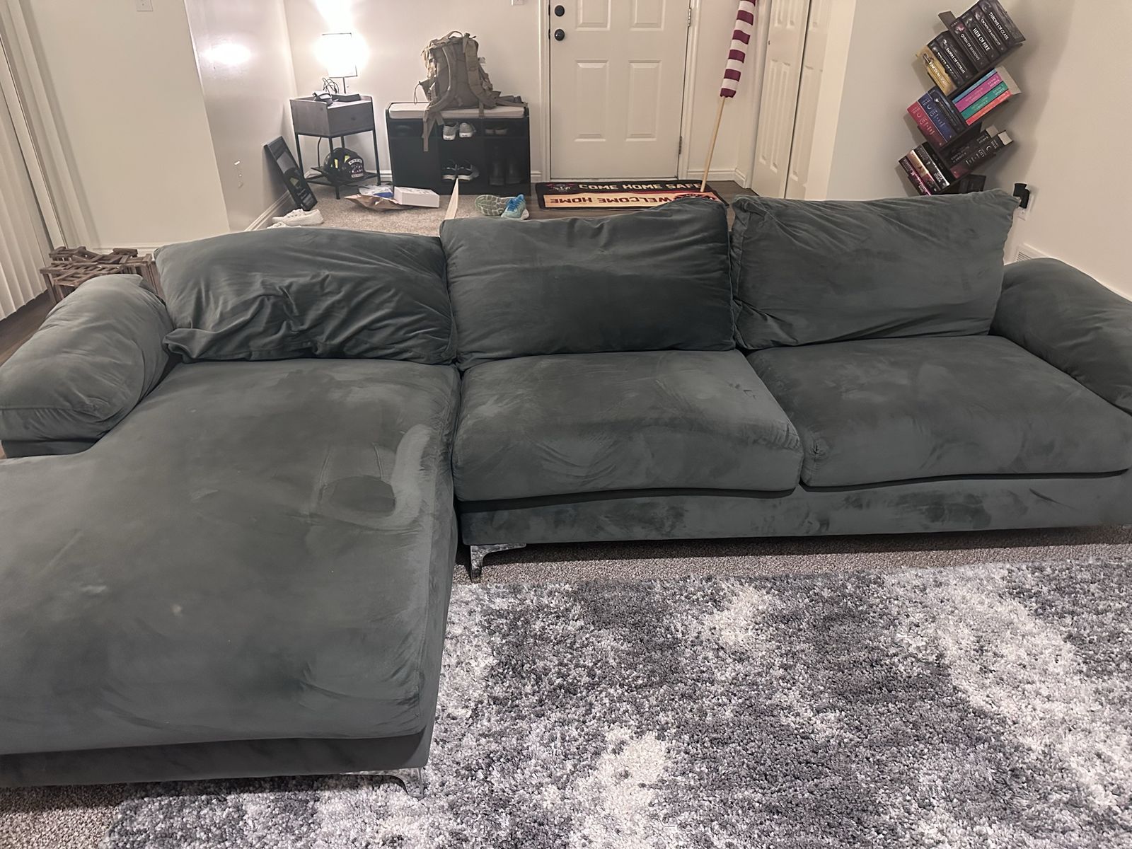 Modern Gray Chaise Sectional Sofa Couch with Chrome Legs - Used