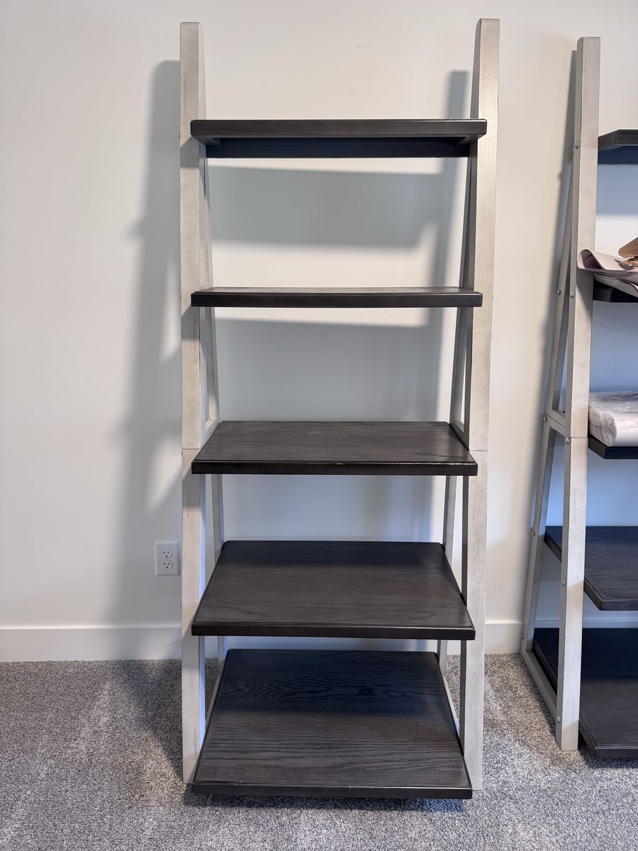 Solid Wood - 6’ tall - Modern 5-Tier Ladder Shelf, Dark Wood & Grey Frame - Versatile Storage/Display