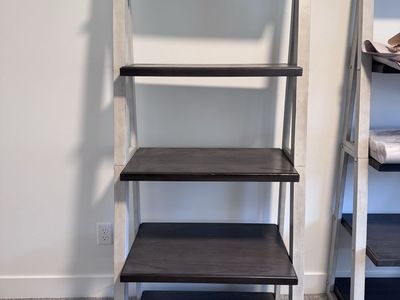 Solid Wood - 6’ tall - Modern 5-Tier Ladder Shelf, Dark Wood & Grey Frame - Versatile Storage/Display