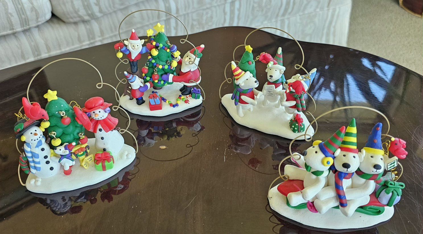 Set of 4 Holiday Polymer Clay Figurines Christmas Decor Snowmen & Bears