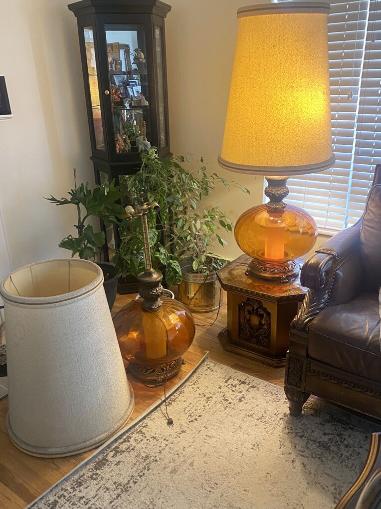 Pair Of Hollywood Regency Amber Lamps- All Origina