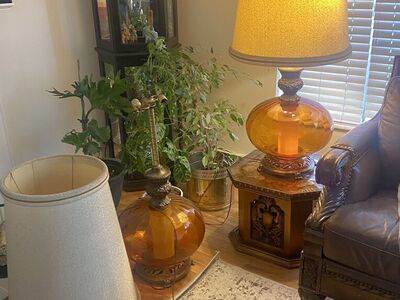 Pair Of Hollywood Regency Amber Lamps- All Origina