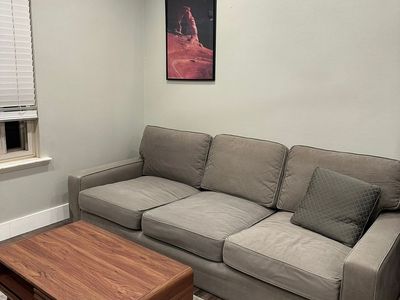 Cozy 3-Seater Gray Fabric Couch/Sofa - Perfect for Living Rooms & Lounging