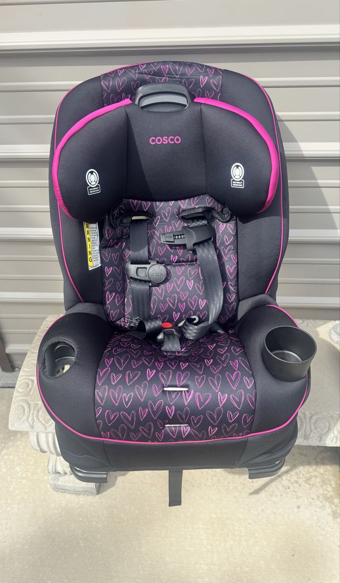 NEW!  Cosco All in One Car Seat Black and Pink Hearts with Built-in Cup Holder