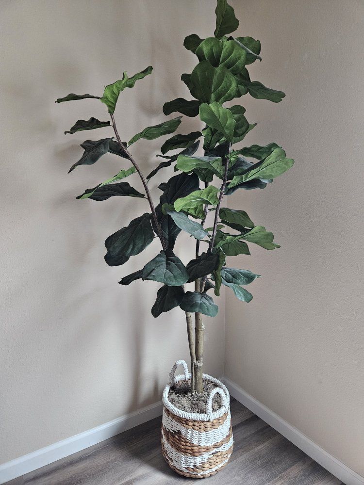 Large Faux Fiddle Leaf Fig Tree with Woven Basket, Artificial Indoor Plant Decor