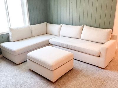 Interior Define Custom Sectional Couch w/ Chaise, Pull-Out Bed & Ottoman - 113" Wide, Performance Fabric