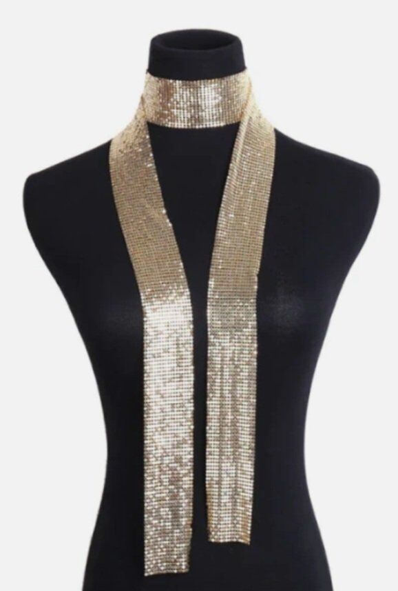 Women Gold Sparkle Metal Sequins Neck Tie Scarf