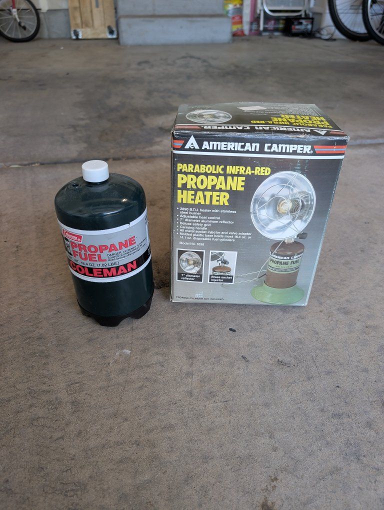 American Camper Model 1098 Parabolic Infra-Red Propane Heater & Coleman 16.4oz Propane Fuel
