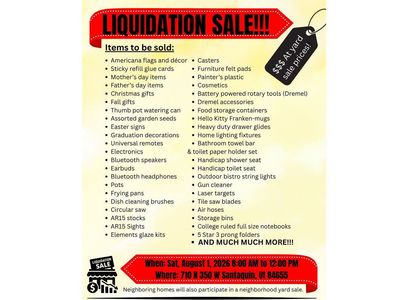 YARD SALE, NEIGHBORHOOD YARD SALE. LIQUIDATION SALE! SANTAQUIN, THIS SATURDAY FROM 8 AM TO 12 PM.