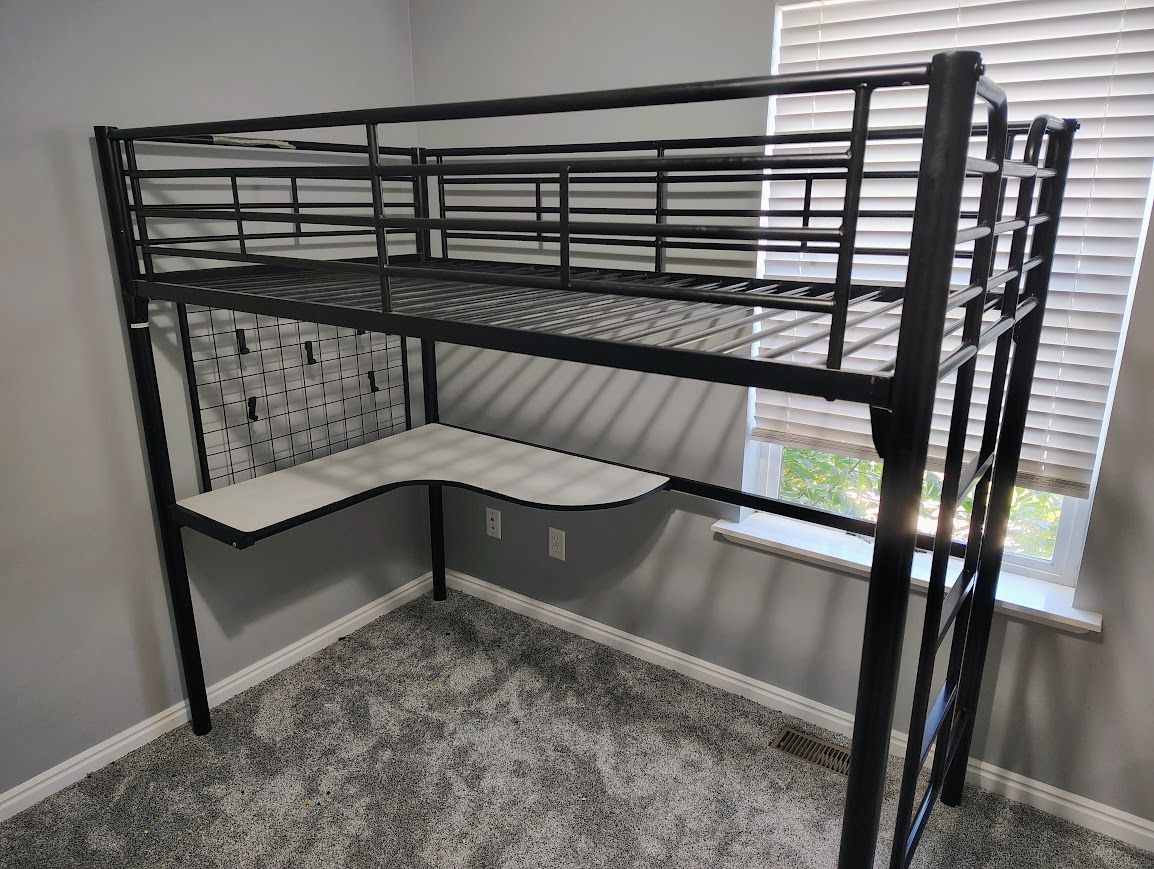 Twin Sized Loft Bed & Desk - Black Metal 