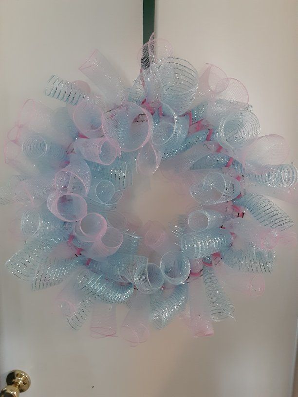 Pink and Light Blue Deco Mesh Decorative Door Wreath
