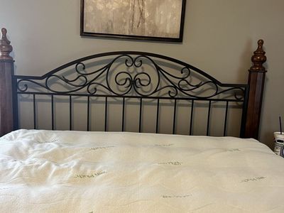 King Size Wood & Wrought Iron Bed Frame and Matching 5-Drawer Dresser