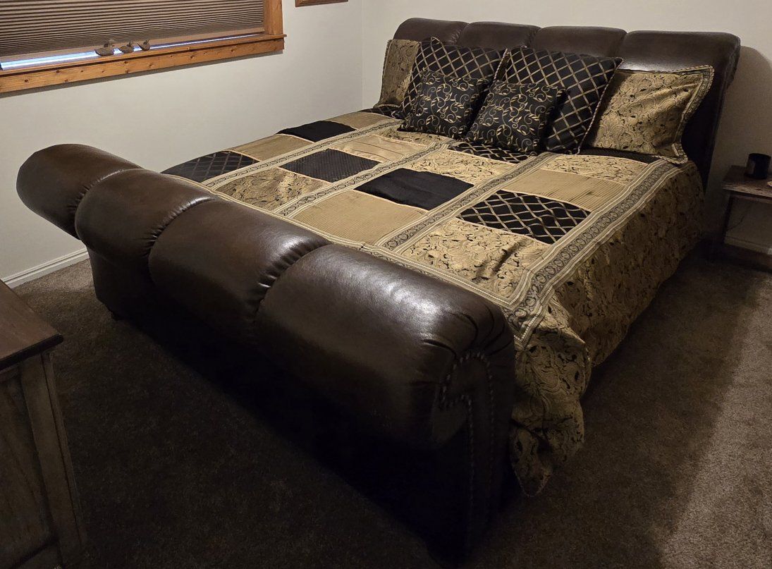 King Size Brown Leather Sleigh Bed Frame with Tufted Headboard and Footboard