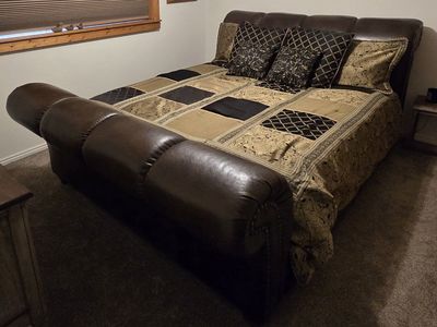 King Size Brown Leather Sleigh Bed Frame with Tufted Headboard and Footboard