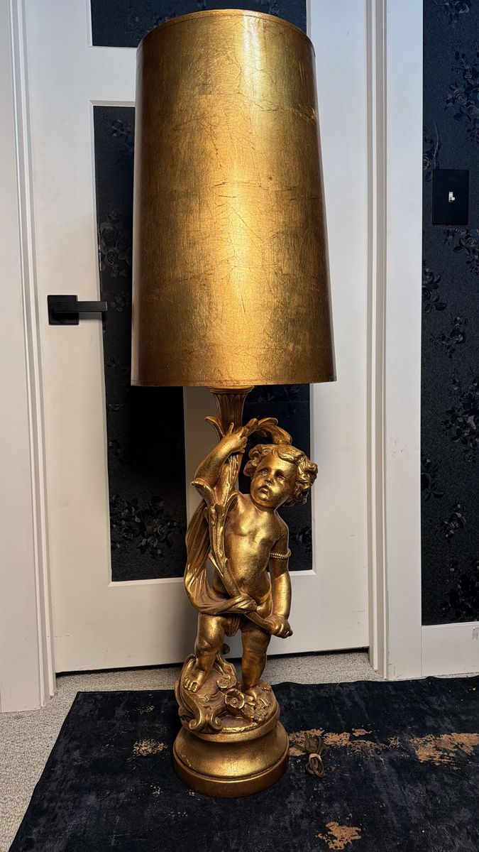 Vintage Gold Hollywood regency Figural Cherub Table Lamp with Matching Gold Shade