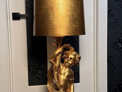 Vintage Gold Hollywood regency Figural Cherub Table Lamp with Matching Gold Shade