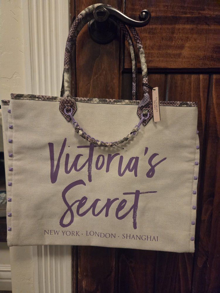 Victoria's Secret New York London Shanghai Canvas Tote Bag Faux Snake Print Handles