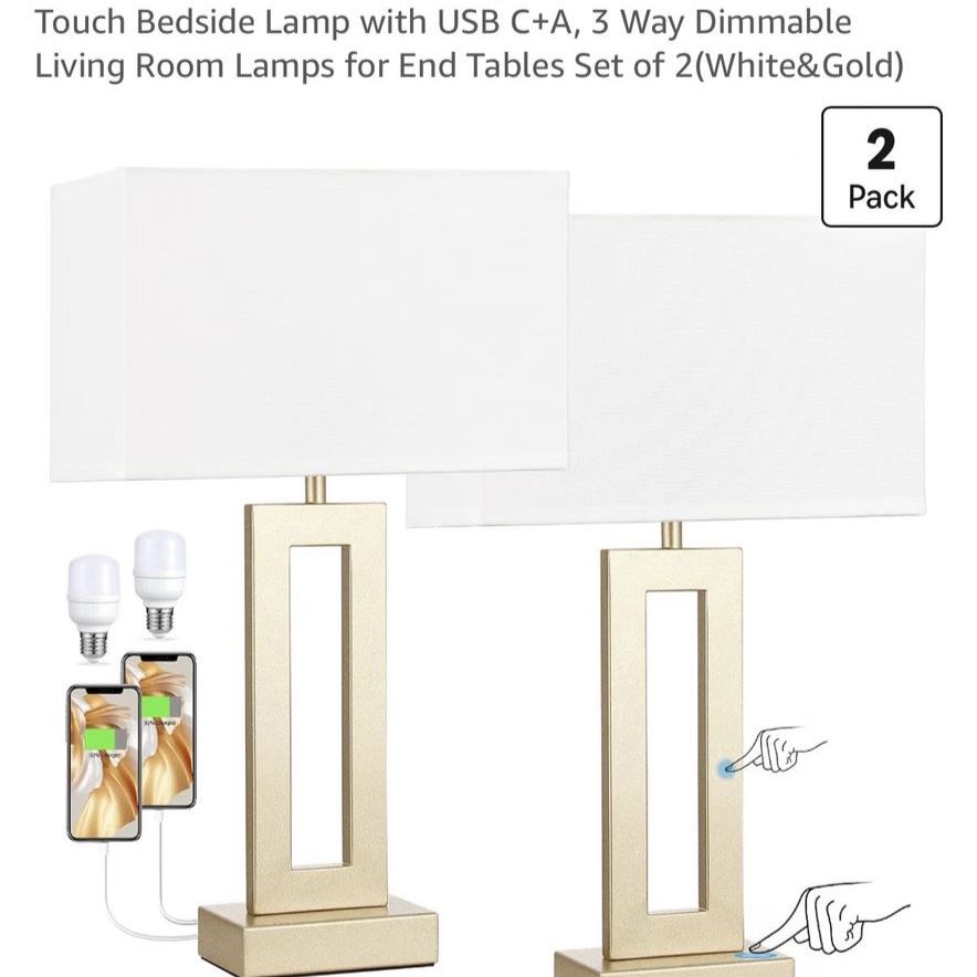 Seealle Touch Bedside Table Lamps Set of 2 - 3-Way Dimmable with USB-C & USB-A Ports, Gold/White