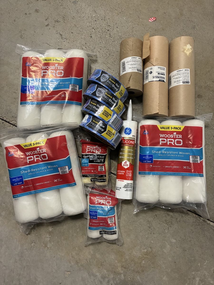 Lot of Wooster Pro Paint Rollers, Painter's Tape, Masking Paper & Caulk