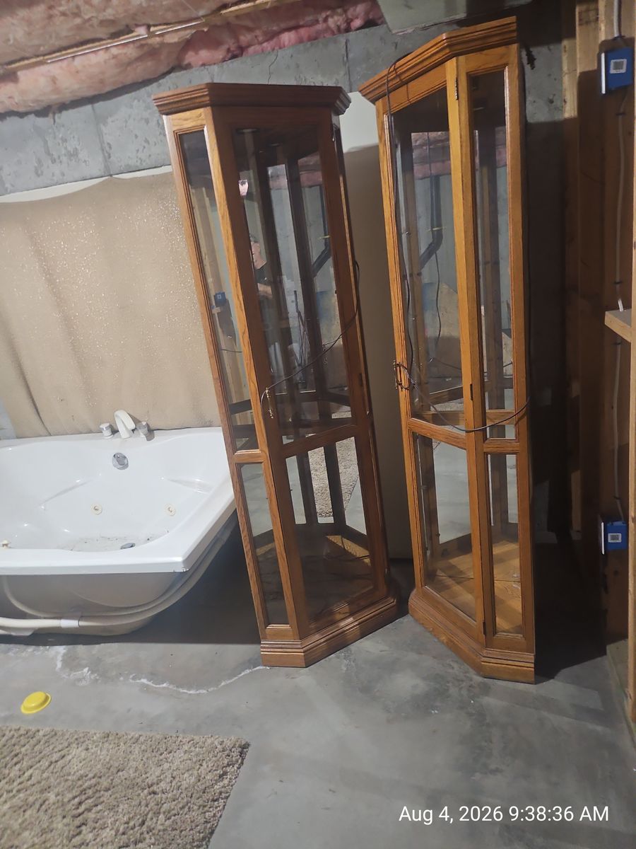 Pair of Vintage Oak Corner Curio Display Cabinets with Glass Panels
