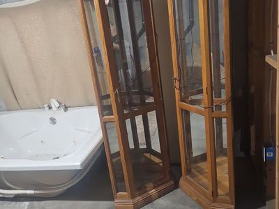 Pair of Vintage Oak Corner Curio Display Cabinets with Glass Panels