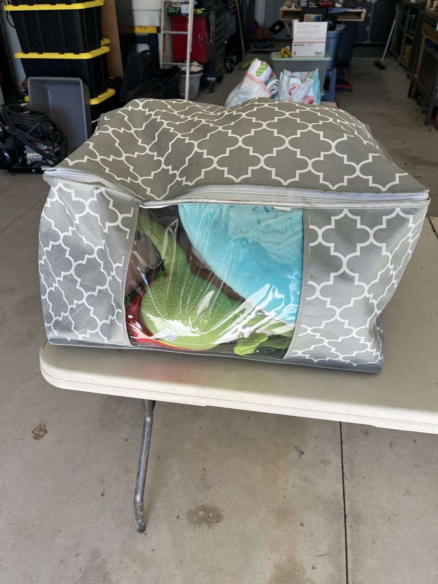Large Gray Geometric Pattern Storage Bag with Assorted Plush Toys - Mickey, Kermit, Stitch