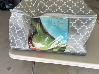 Large Gray Geometric Pattern Storage Bag with Assorted Plush Toys - Mickey, Kermit, Stitch