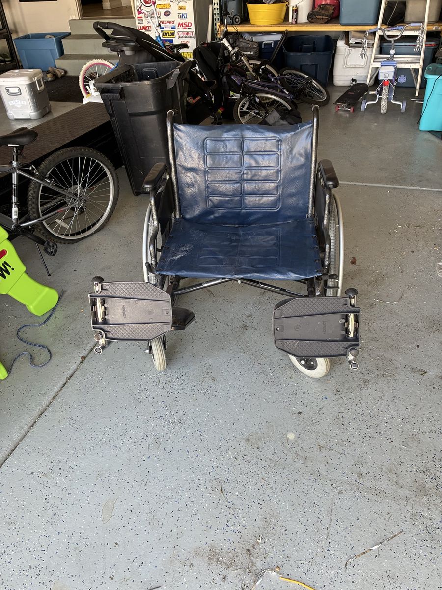 Wide Manual Folding Wheelchair with Blue Vinyl Seat & Footrests