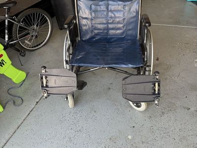 Wide Manual Folding Wheelchair with Blue Vinyl Seat & Footrests