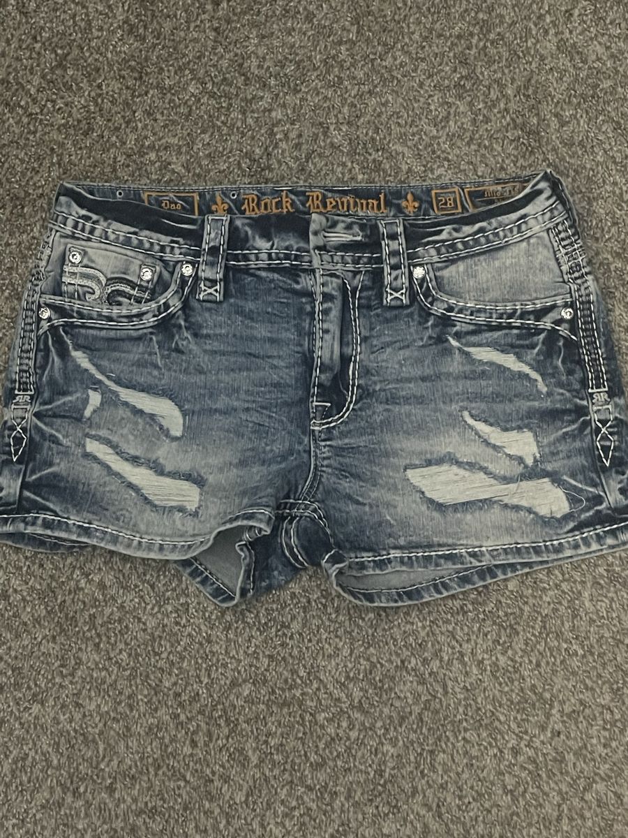 Rock Revival Women's Size 28 Jean Shorts Distressed Denim with Embellished Pockets