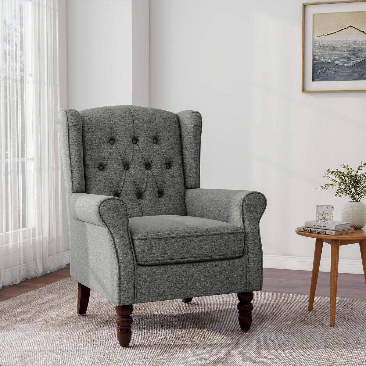 Upholstered Accent Chair with Button Tufted High Back & Solid Wood Legs, Grey