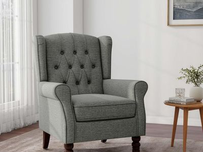 Upholstered Accent Chair with Button Tufted High Back & Solid Wood Legs, Grey