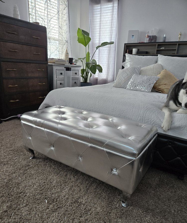 2-Piece Silver Tufted Storage Bench + Ottoman