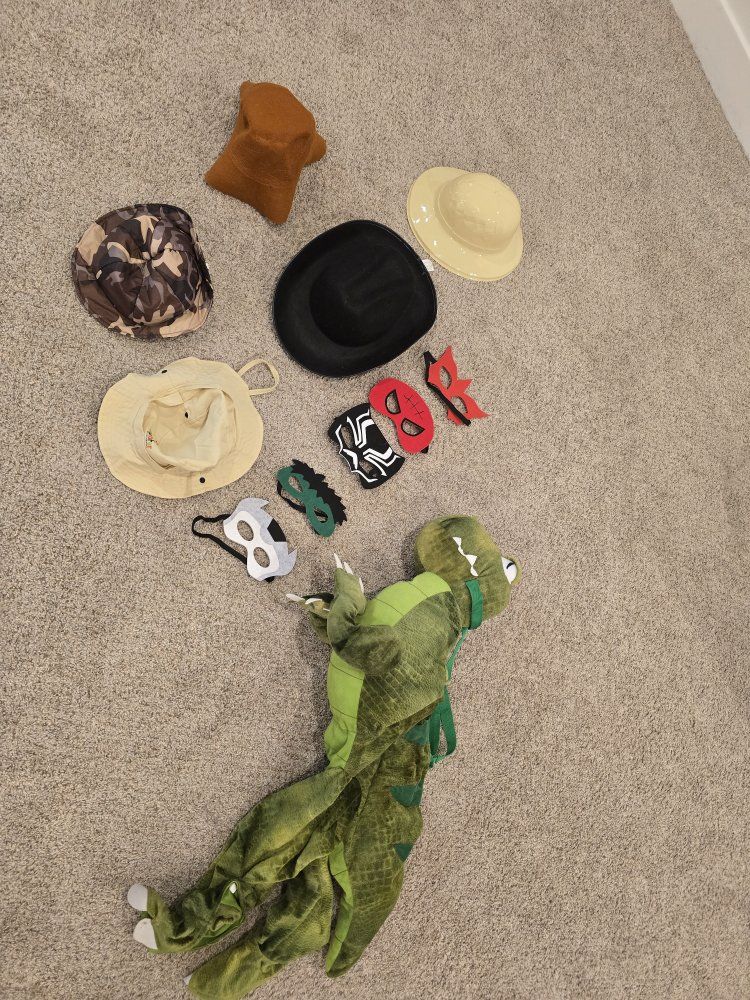 Assorted Kids Costumes Bundle with Dinosaur Suit, Masks, and Hats