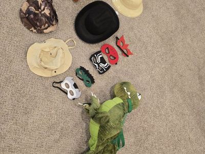 Assorted Kids Costumes Bundle with Dinosaur Suit, Masks, and Hats