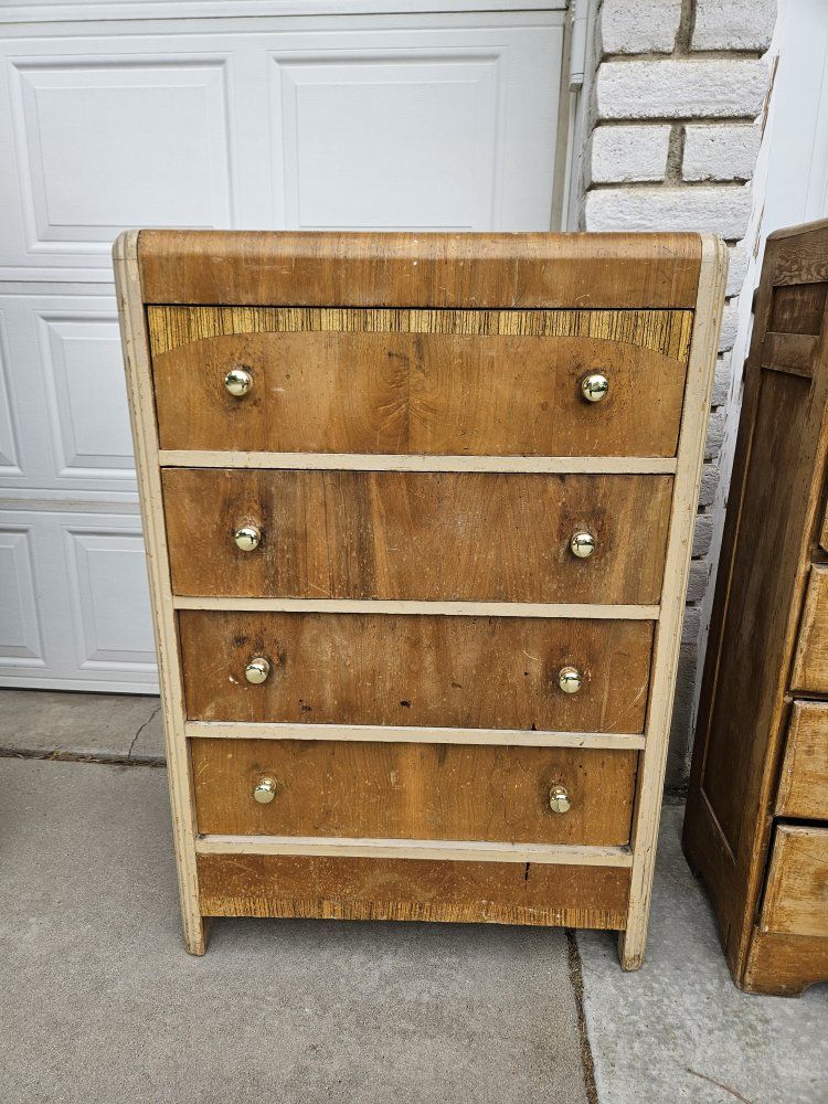 Vintage Art Deco Waterfall Dresser 5-Drawer Chest Wood Vanity Cabinet Antique