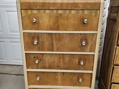 Vintage Art Deco Waterfall Dresser 5-Drawer Chest Wood Vanity Cabinet Antique