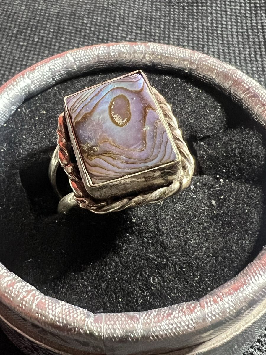 Stainless steel Abalone Inlay Ring - Rectangle Gemstone, Twisted Rope Detail Size-7.5