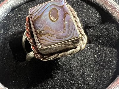 Stainless steel Abalone Inlay Ring - Rectangle Gemstone, Twisted Rope Detail Size-7.5