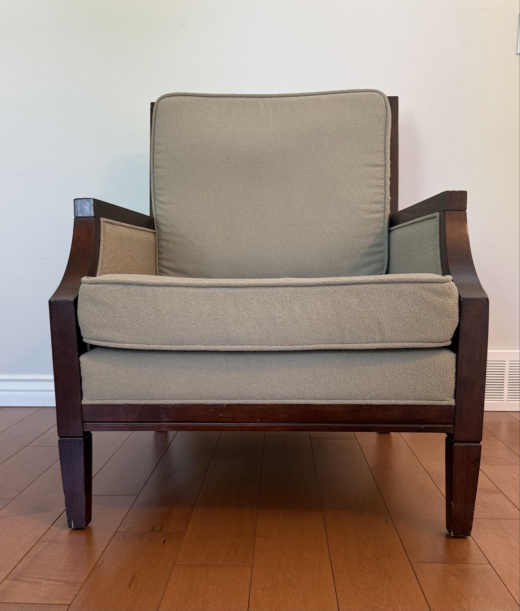 Set of 4 Matching Upholstered Accent Chairs – Dark Wood & Neutral Fabric