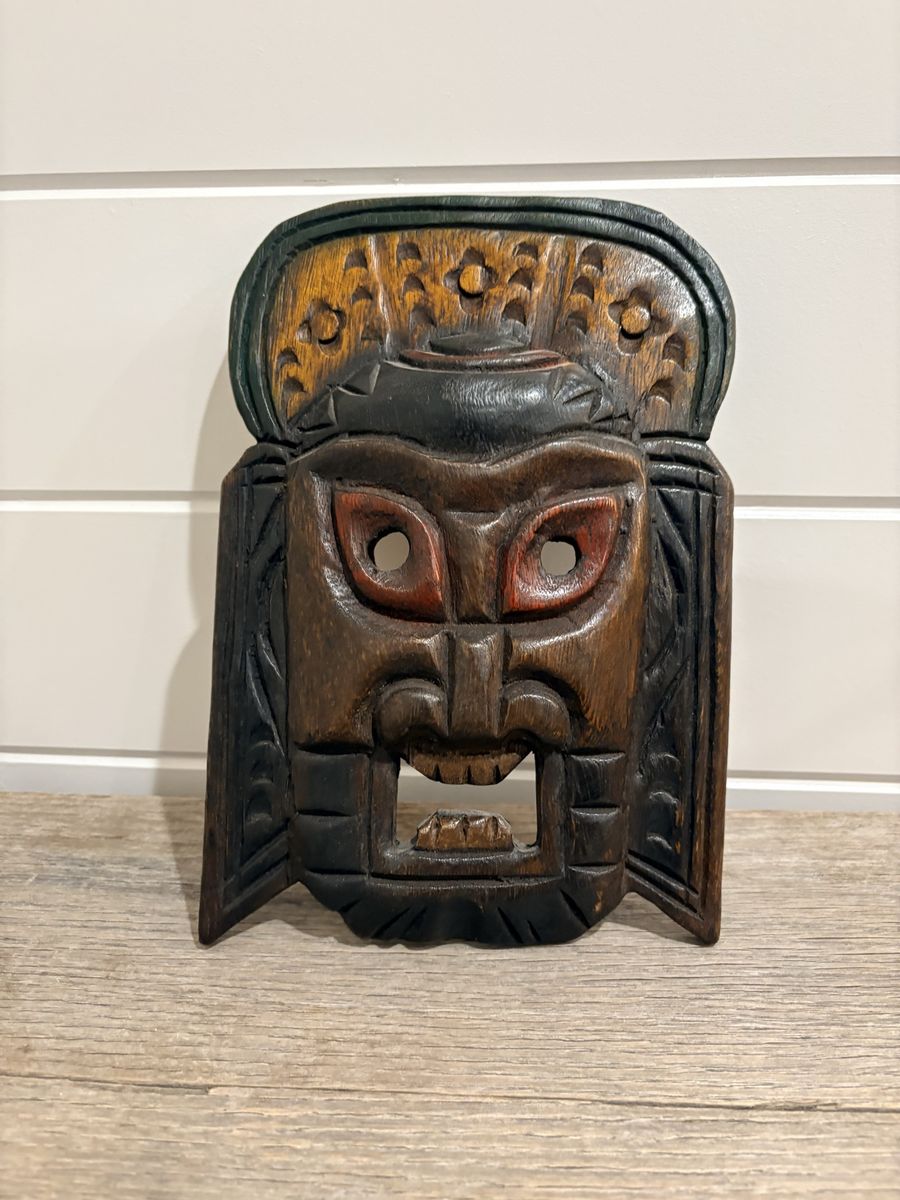 Hand-Carved Wooden Decorative Mask with Red & Black Accents - Folk Art Style Wall Hanging