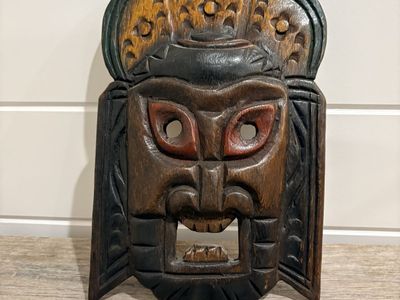 Hand-Carved Wooden Decorative Mask with Red & Black Accents - Folk Art Style Wall Hanging