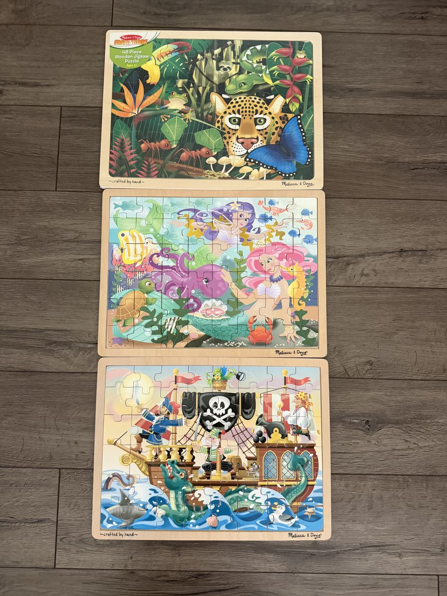 Melissa & Doug Wooden Jigsaw Puzzles - Set of 3 (48 Pieces Each) - Jungle, Mermaid, Pirate